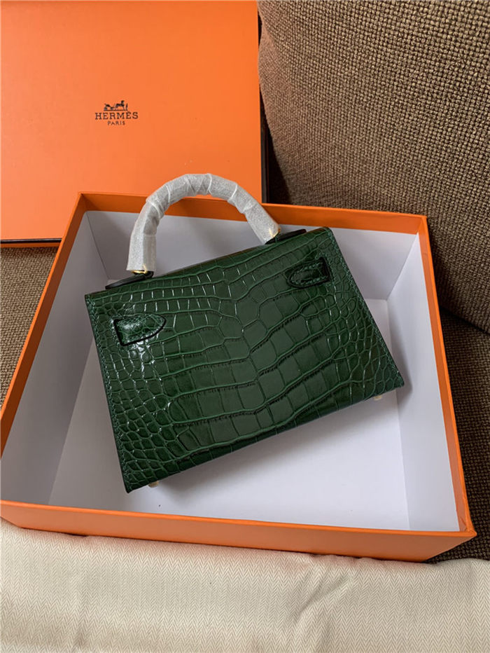 Hermes Kelly Mini II Bag Embossed Crocodile Leather WAX Silver/Gold Metal High Customizing style