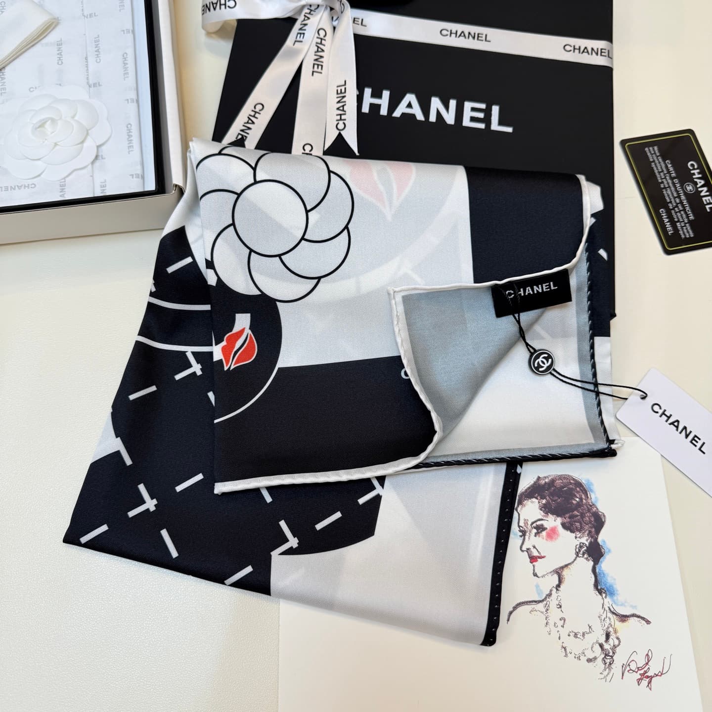 Chanel Silk CC Logo Camellia Scarf