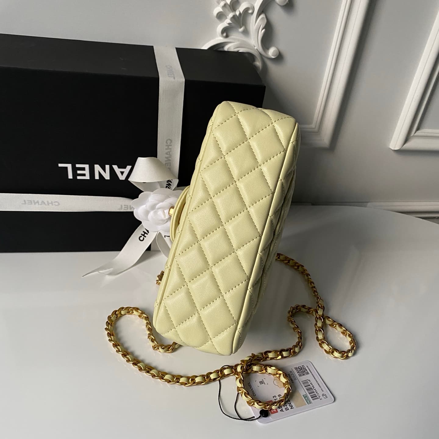 Chanel Mini Flap Bag with Top Handle Lambskin& Gold-tone Metal Light Yellow AS5814 A