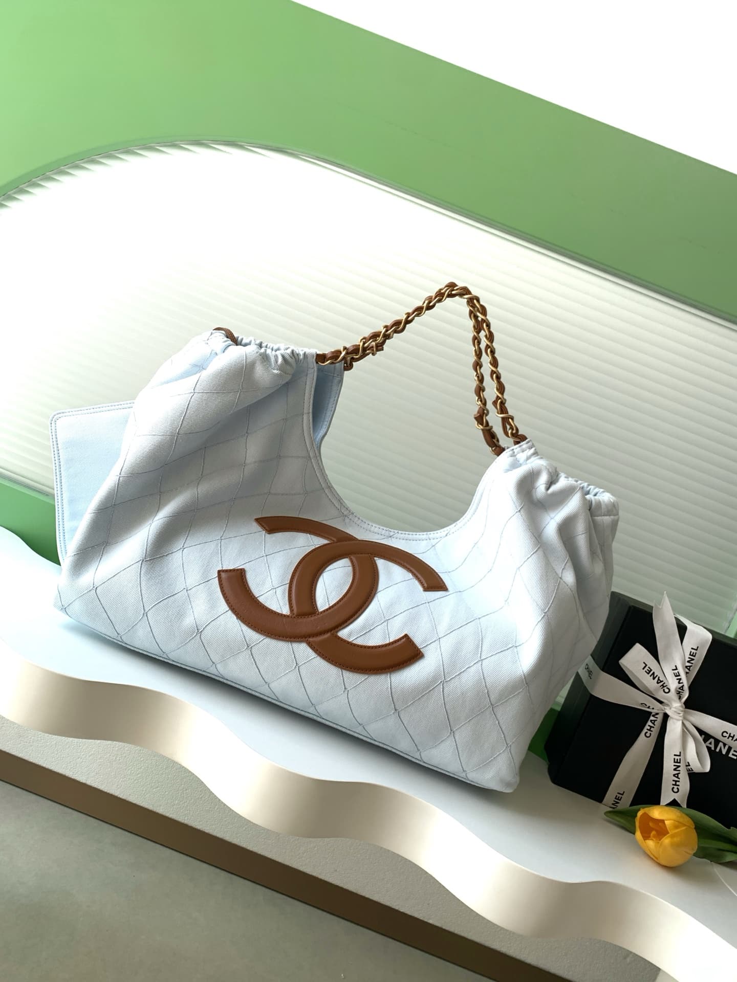Chanel Coco Beach Small Shopping Bag Denim Calfskin & Gold-Tone Metal White & Brown A