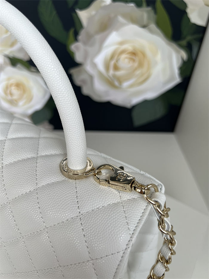 Medium FLAP BAG WITH TOP HANDLE Grained Calfskin White-binding Gold Metal High