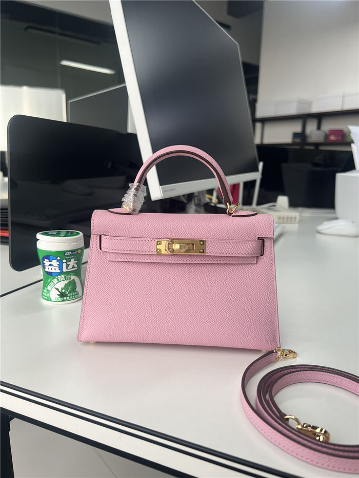 Hermes Kelly Mini II Bag Epsom Leather WAX Silver/Gold Metal Rose Saiura High