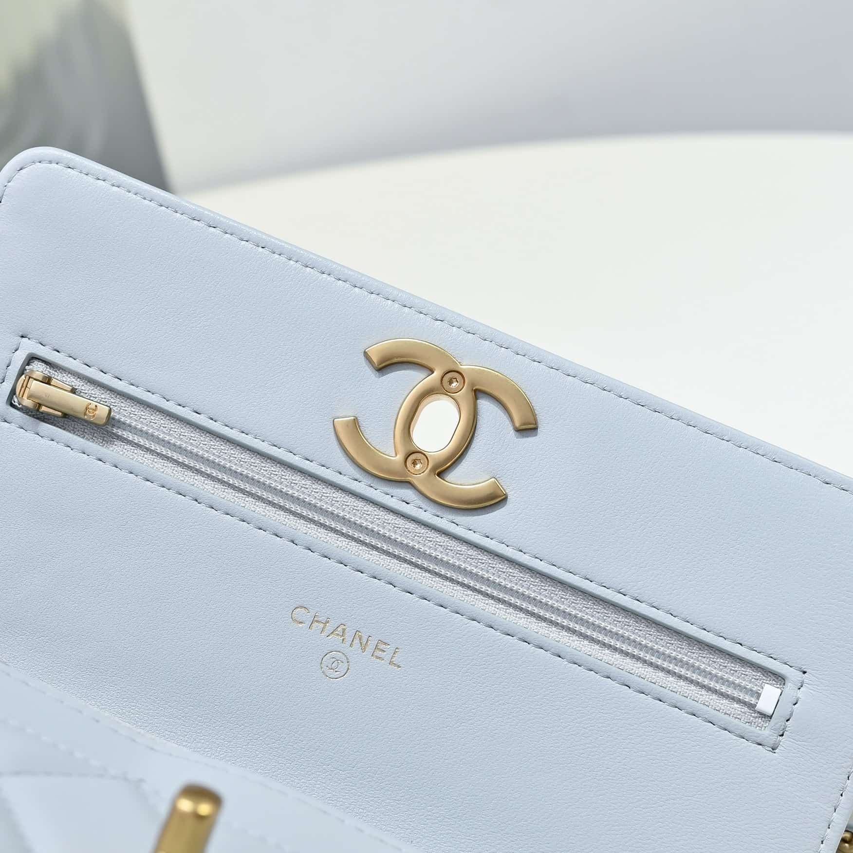 Chanel Wallet on Chain Quilted Leather  & Gold-Tone Metal Light Blue AP3938 High