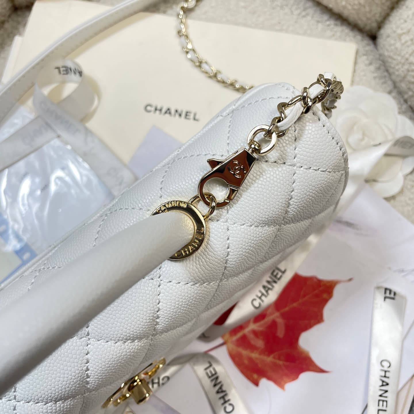 Chanel Maxi Flap Bag with Top Handle Grained Calfskin& Gold-Tone Metal AS6091 White A