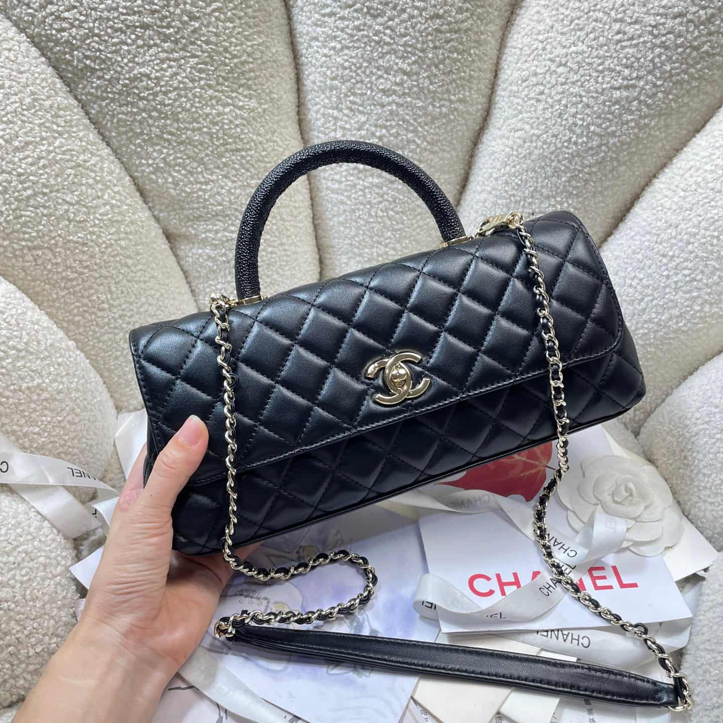 Chanel Maxi Flap Bag with Top Handle Calfskin& Gold-Tone Metal AS6091 Black A