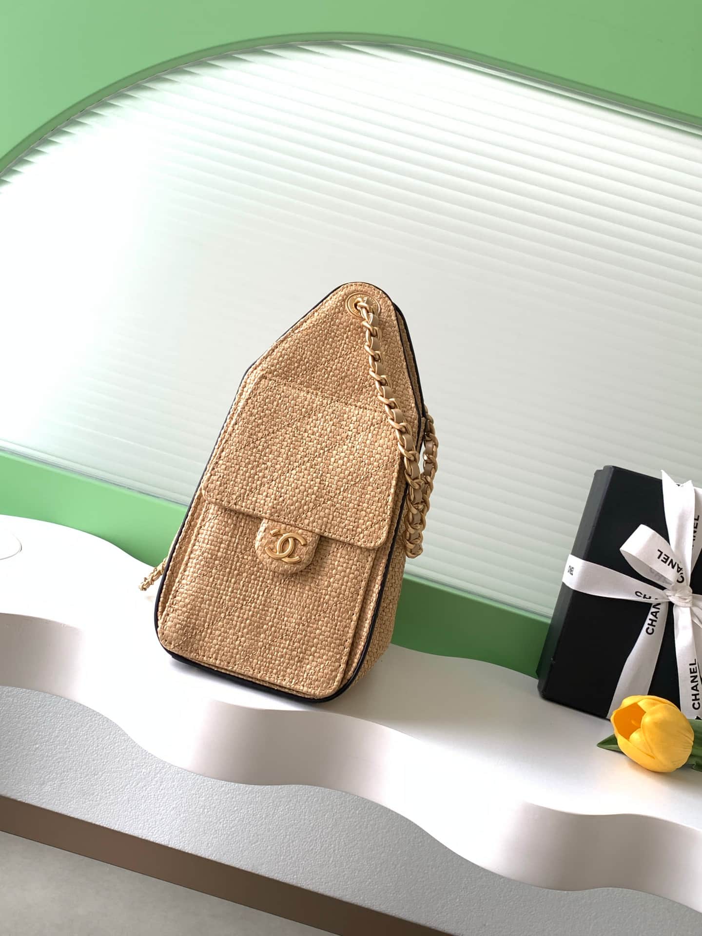 Chanel 25 Small Hobo handbag AS5293 Braided Raffia-Effect Canvas Calfskin & Gold-Tone Metal Black&Beige  A