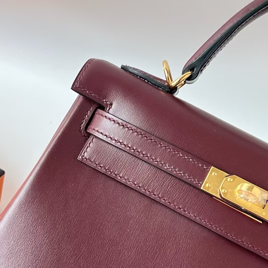 Hermes Kelly 25/28/32cm Retourne Bag Box Leather In Burgundy WAX High Customizing style