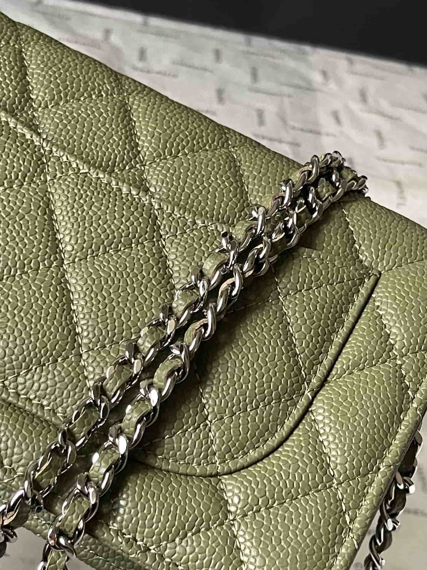 Chanel Classic Wallet on Chain Grained Shiny Calfskin & Silver-Tone Metal AP4241 Dark Green A