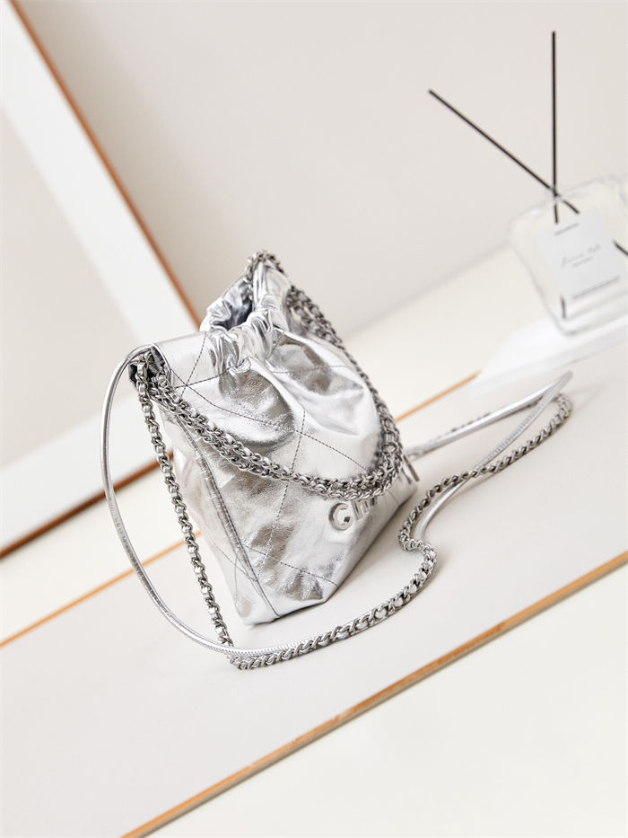Chanel 22 MINI HANDBAG Metallic Calfskin & Silver-Tone Metal Silver AS3980 A