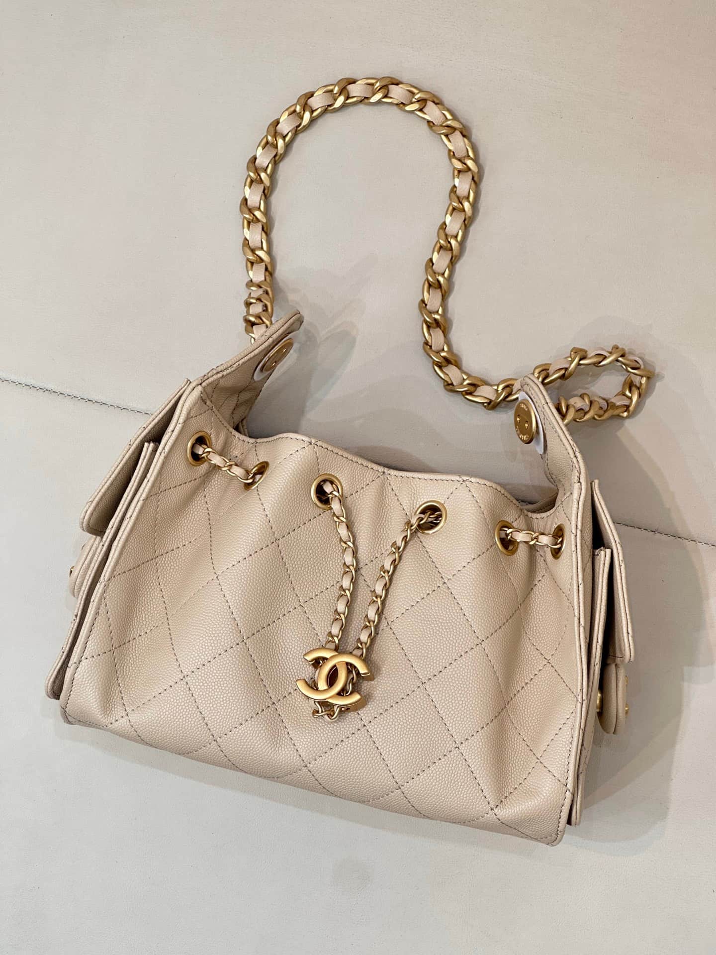 CHANEL 25 Mini Handbag AS5631 Grained Calfskin & Gold-tone Metal Beige TOP