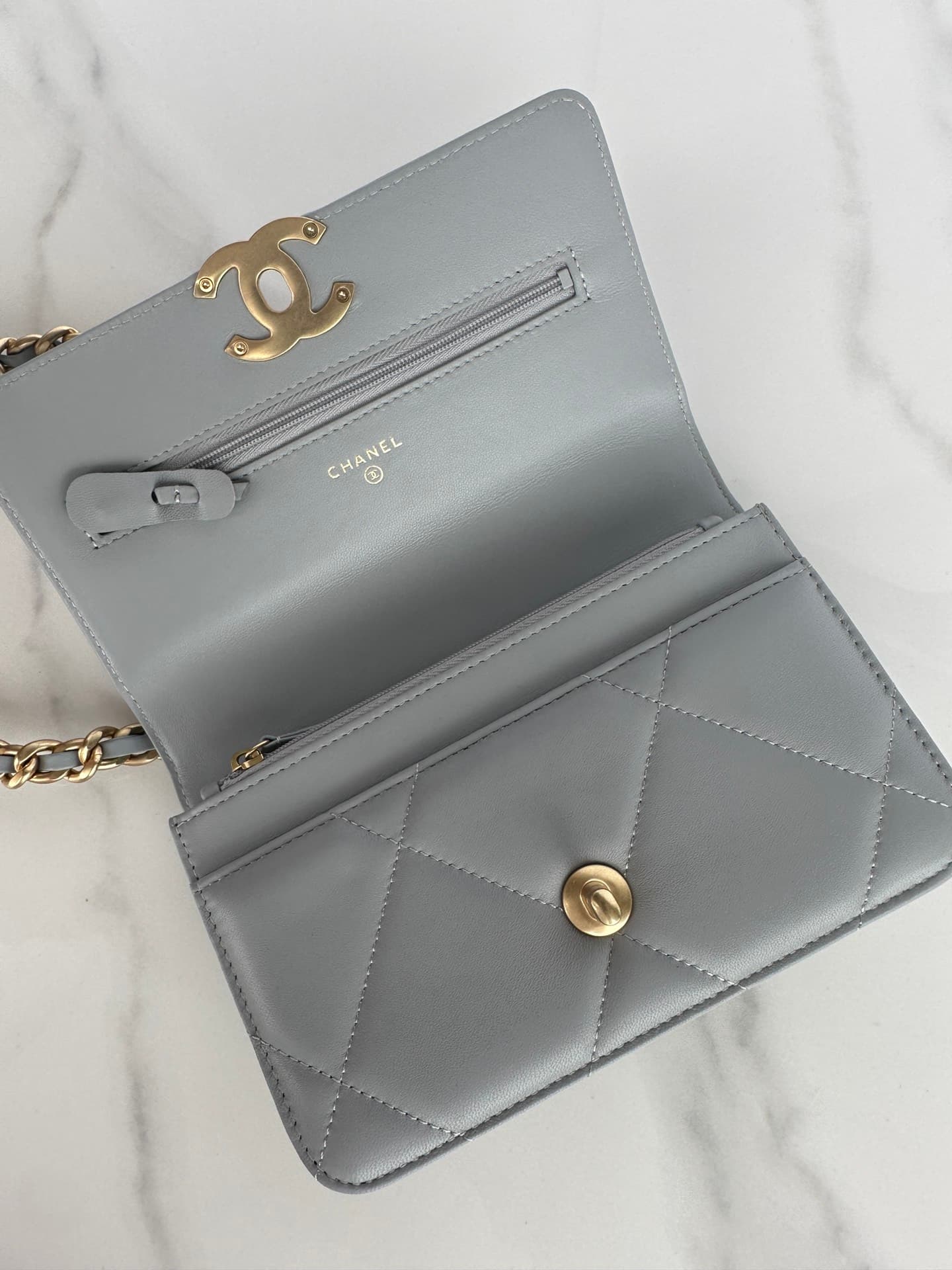 Chanel Wallet on Chain Lambskin Leather & Gold-Tone Metal Grey AP0957 A
