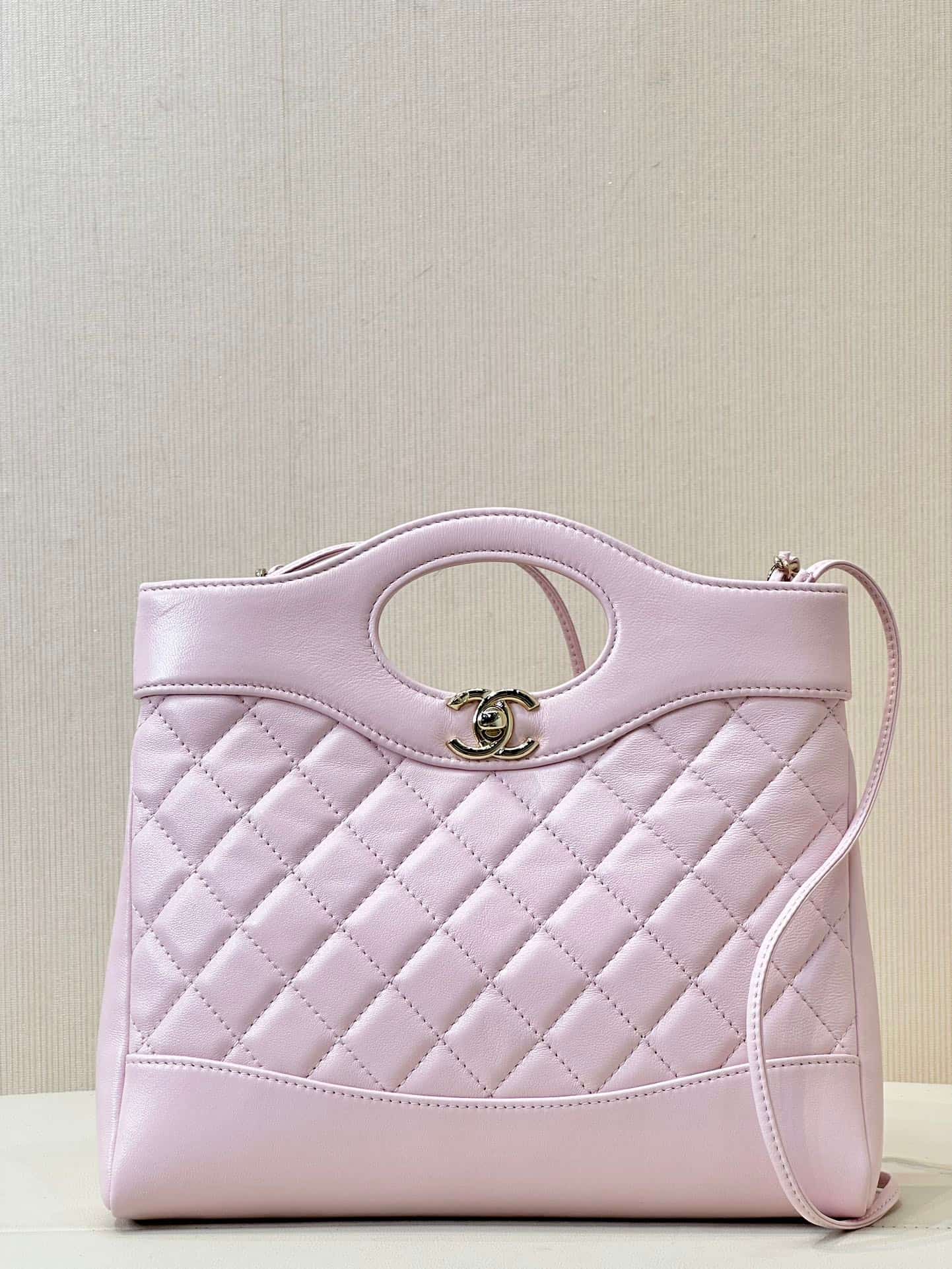 CHANEL 31 Mini Shopping Bag Shiny Calfskin & Gold-Tone Metal AS4133 Pink TOP