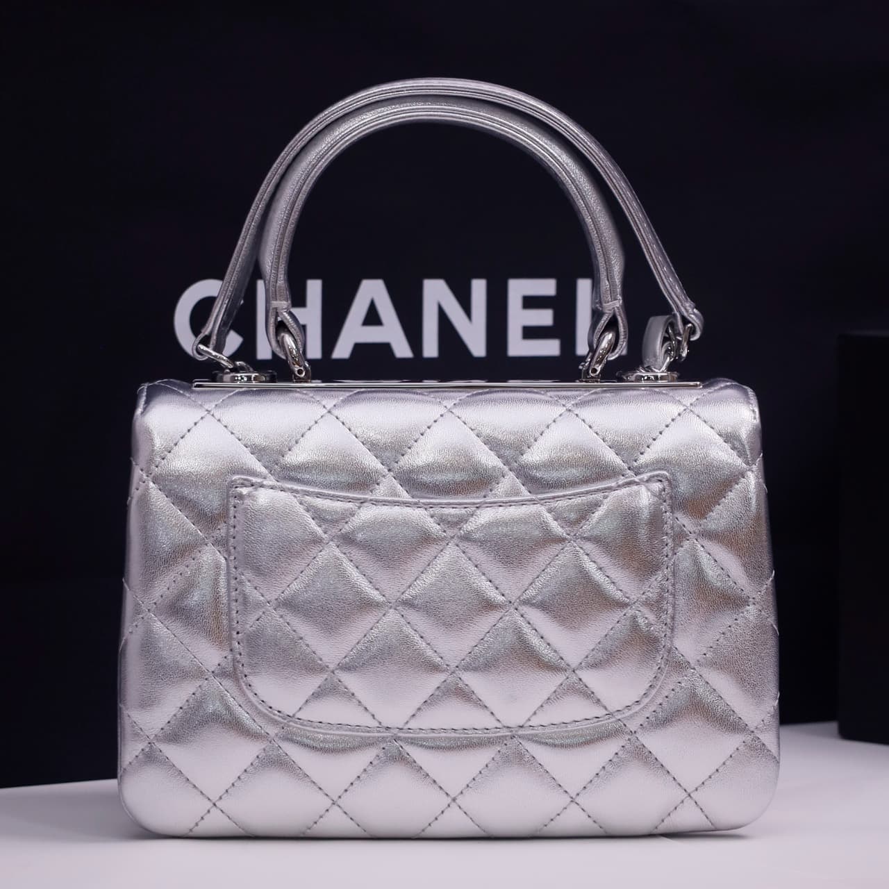 Chanel MINI FLAP BAG WITH TOP HANDLE AS4654 Lambskin & Silver-Tone Metal Silver A