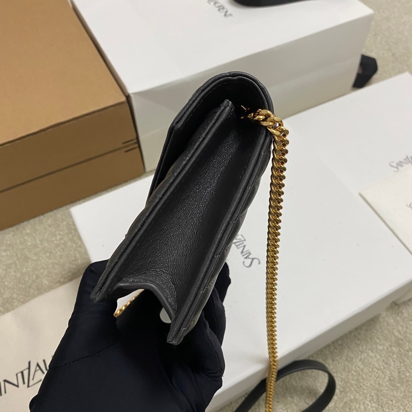 Saint Laurent Monogram Matelassé Cassandre Wallet on Chain Black Lambskin 393953 High