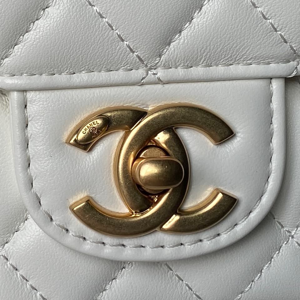 Chanel Small Flap Bag with Top Handle Lambskin& Gold-tone Metal White AS5814 A