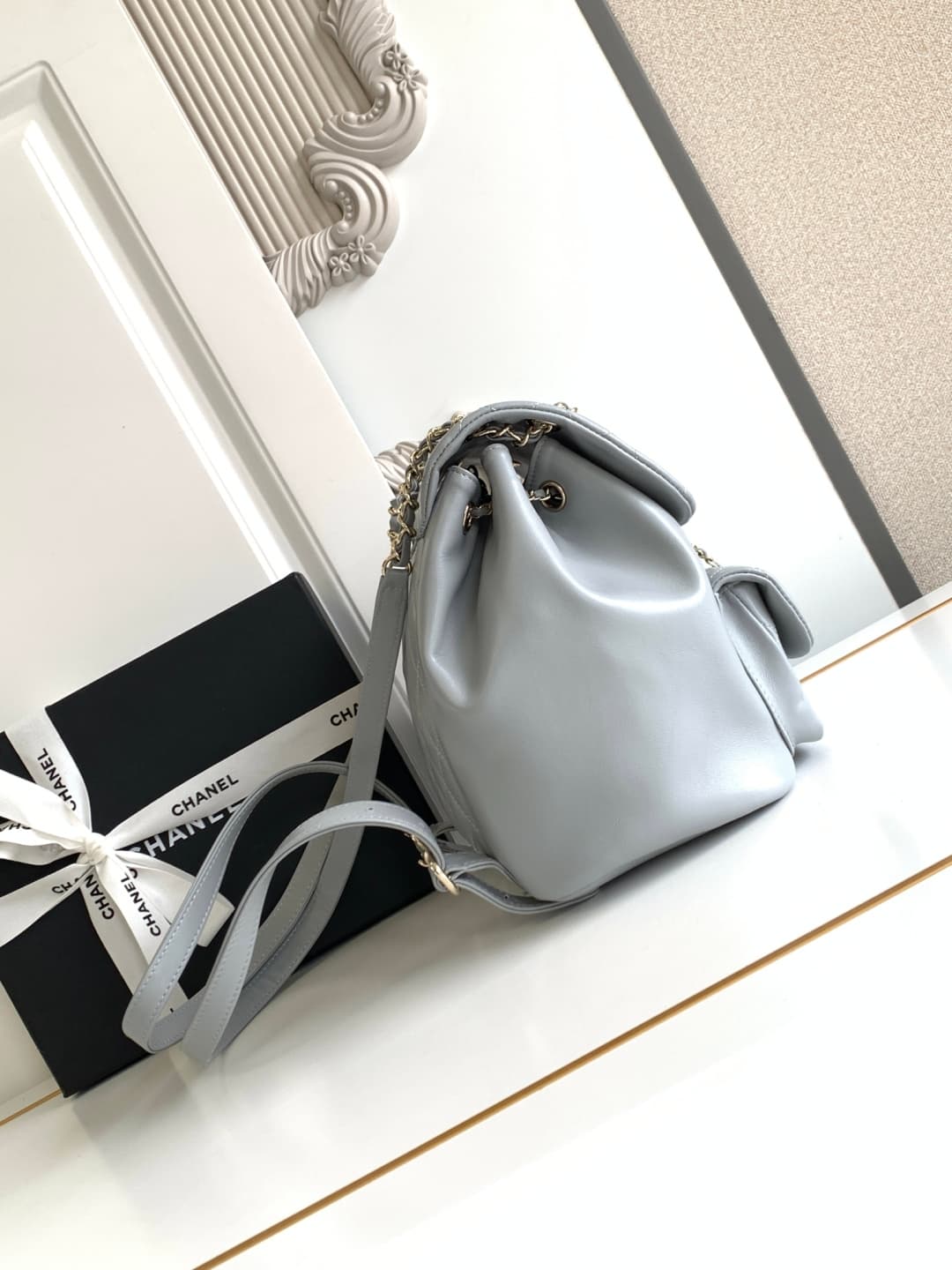 Chanel Medium Quilted Duma Backpack Lambskin AS3618 Light Grey A