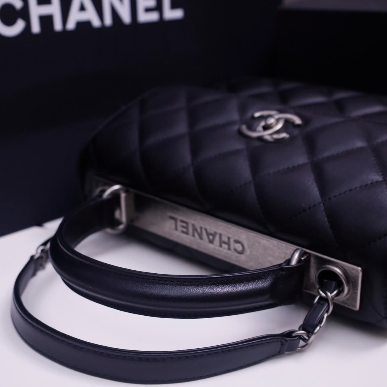 SMALL FLAP BAG WITH TOP HANDLE Lambskin Silver Metal Black A