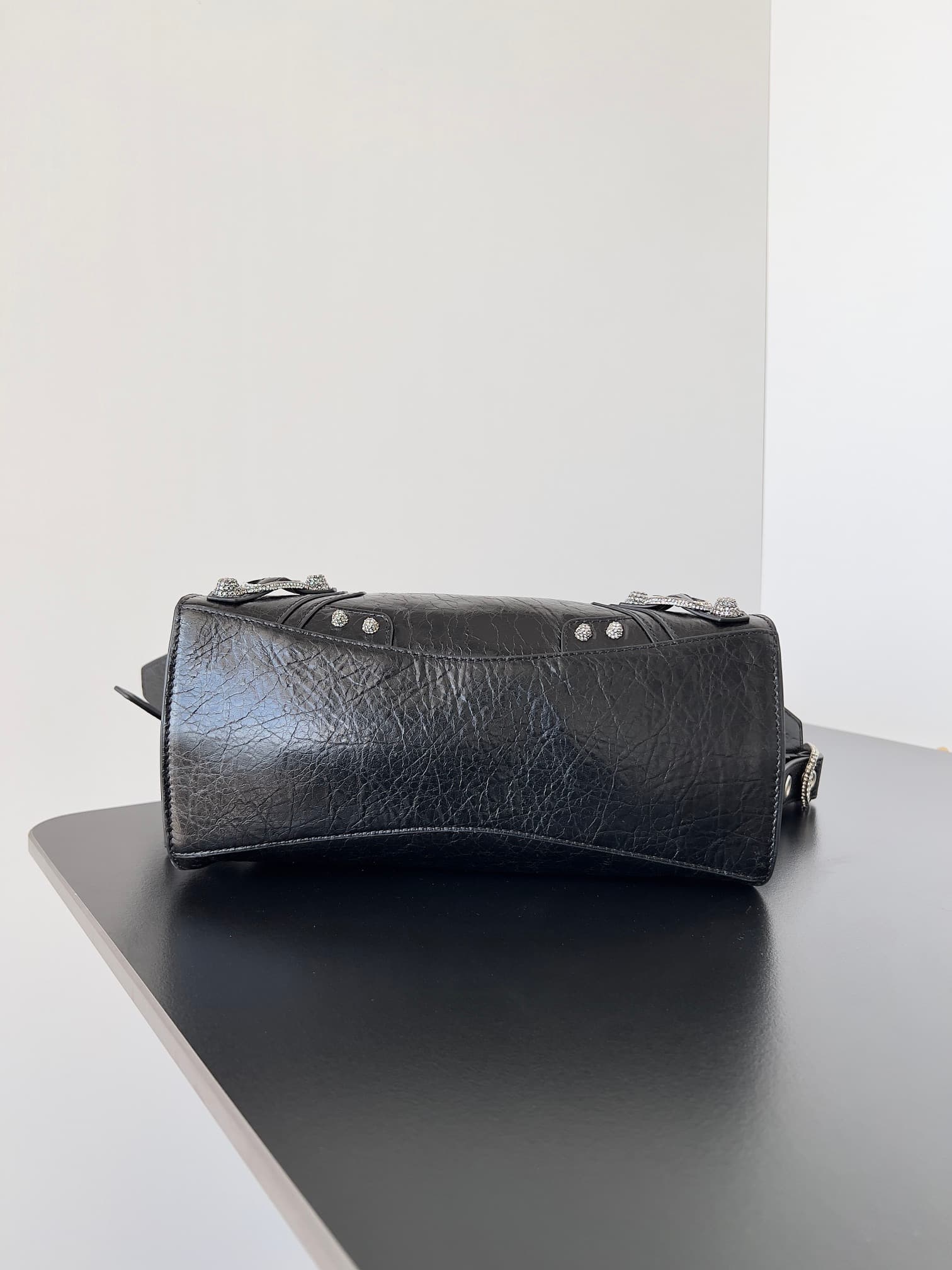 Balenciaga Small Neo Cagole City bag in Black lambskin leather with crystal rhinestones High