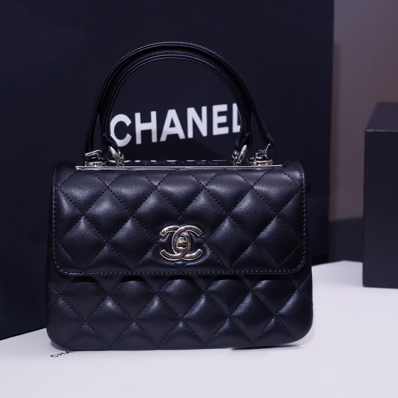 Chanel MINI FLAP BAG WITH TOP HANDLE AS4654 Lambskin &Silver-Tone Metal Black A