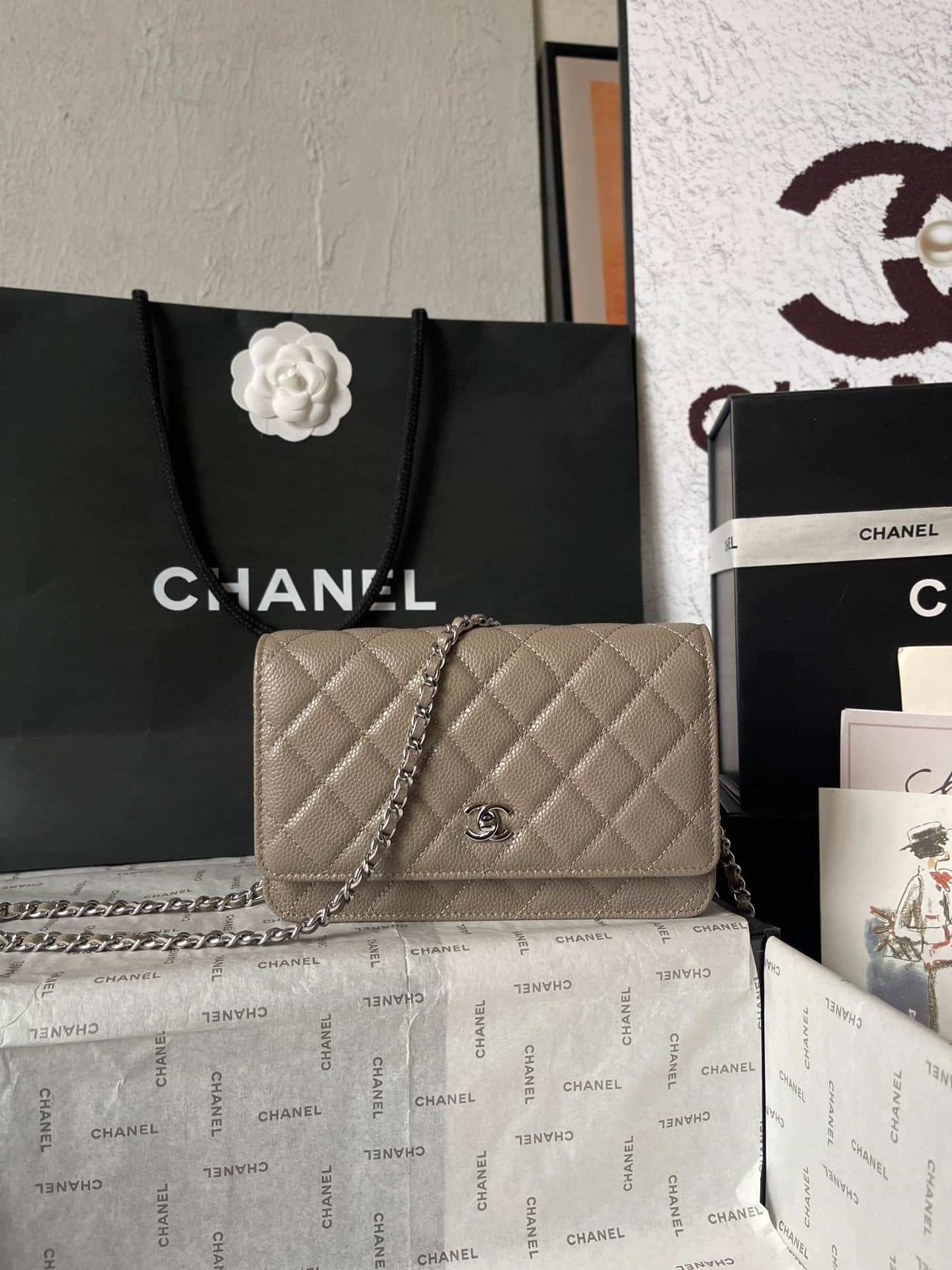 Chanel Classic Wallet on Chain Grained Shiny Calfskin & Silver-Tone Metal AP4241 Grey A