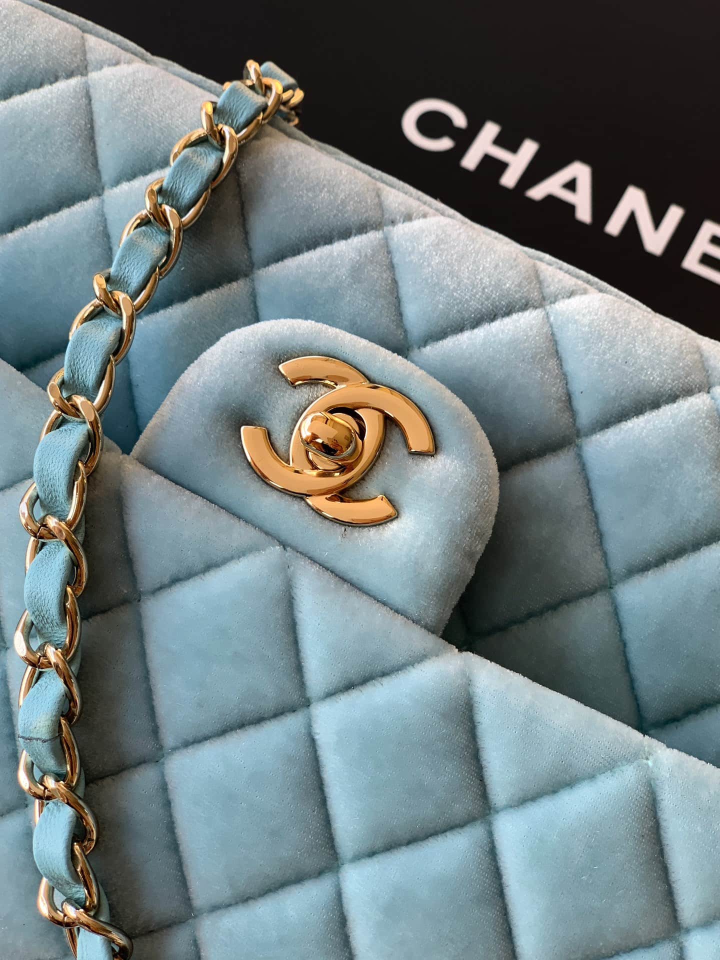 Chanel Medium CLASSIC HANDBAG Velvet  & Gold-Tone Metal Light Blue A
