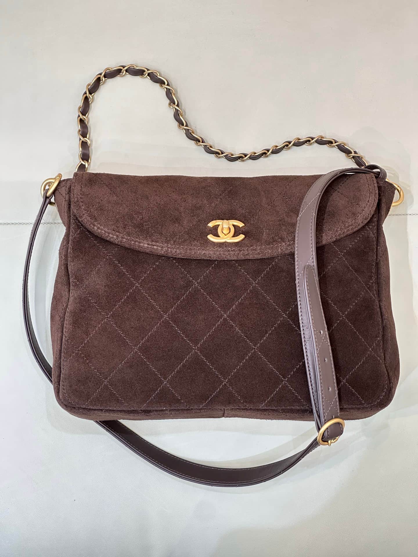 Chanel Matelasse Suede Shoulder Bag& Gold-Tone Metal Brown AS5883 TOP