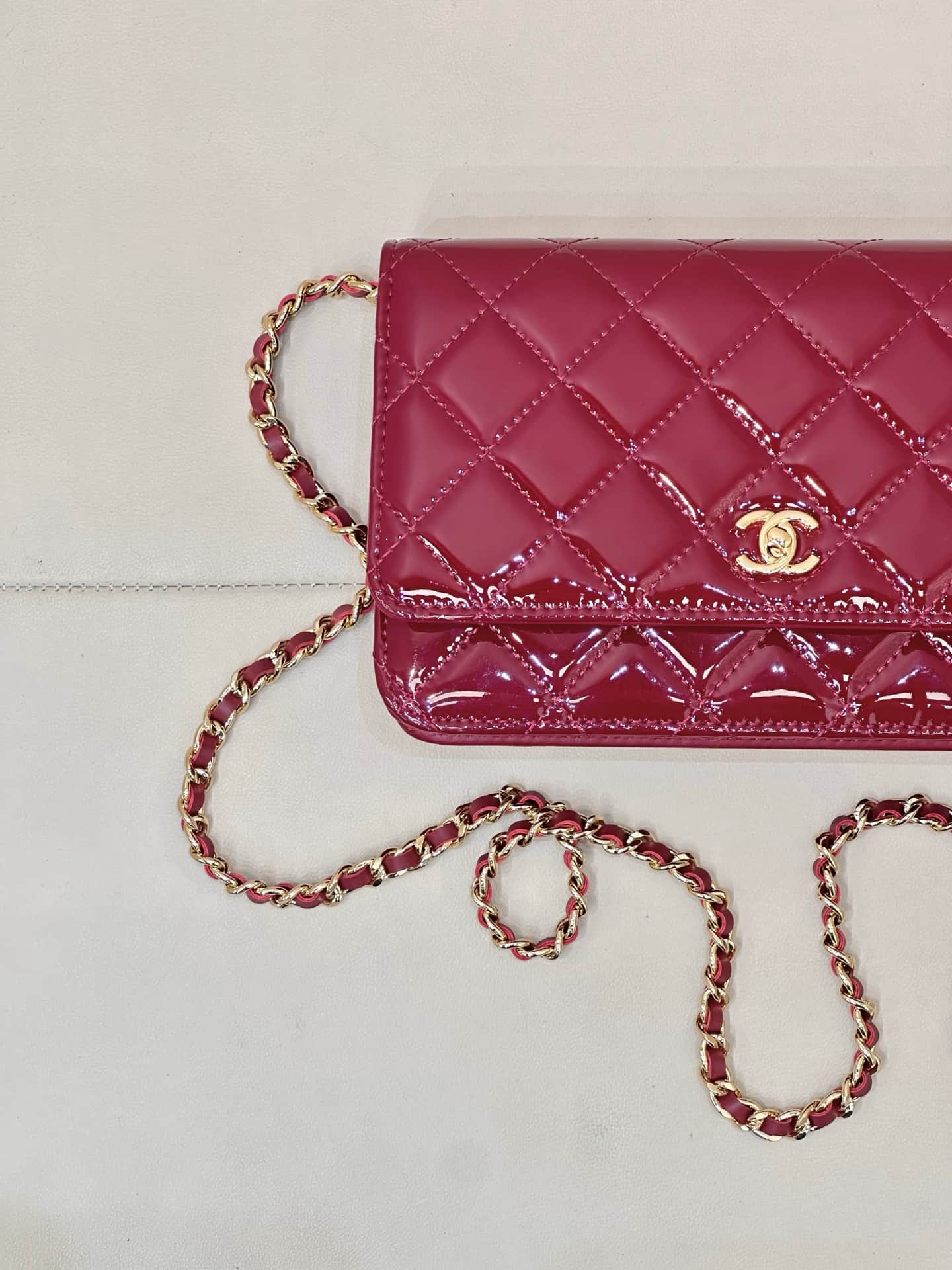 Chanel Classic Wallet on Chain Patent Quilted & Gold-Tone Metal AP4241 Burgundy TOP