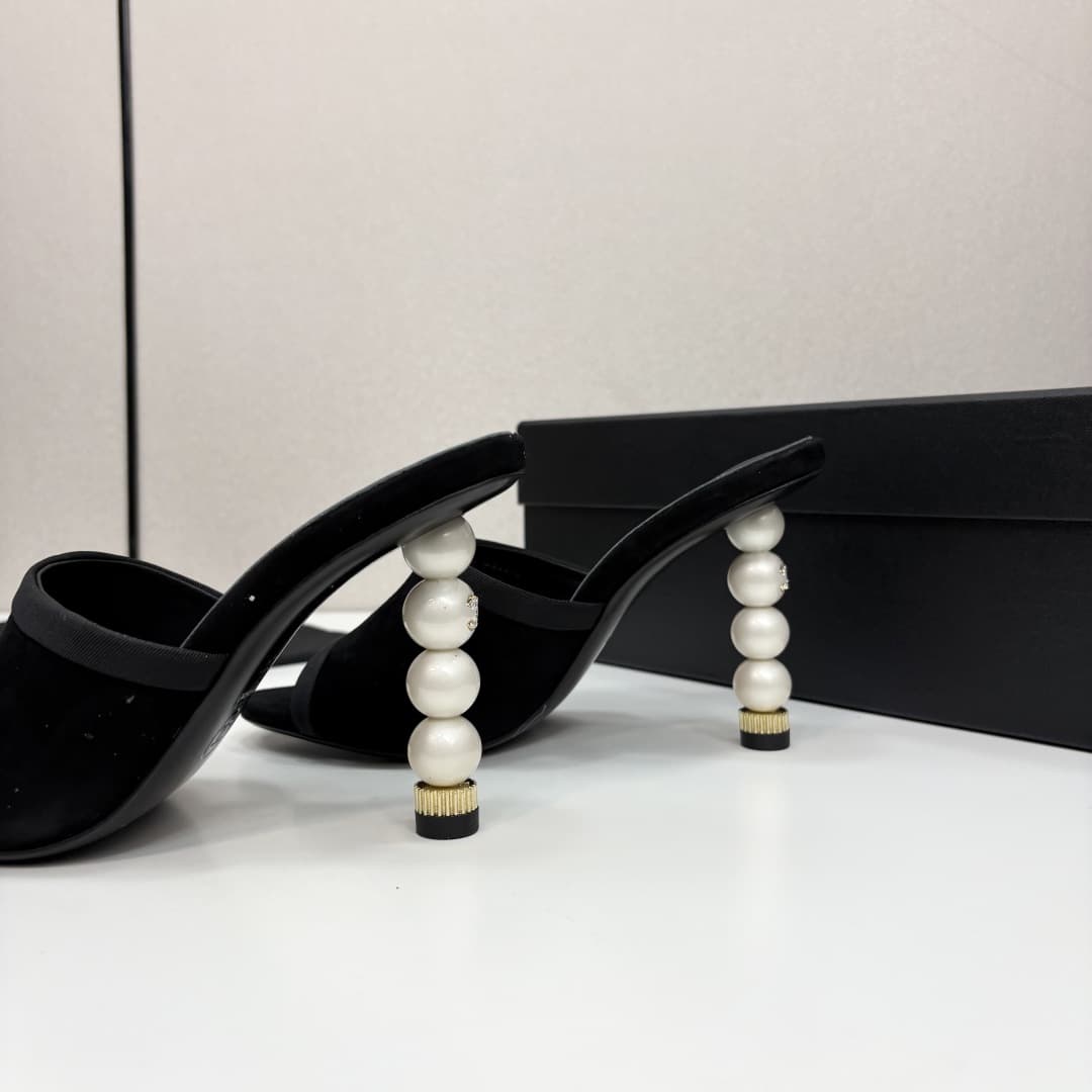 Chanel Lambskin Grosgrain Cap Toe Pearl Mule Shoes Women