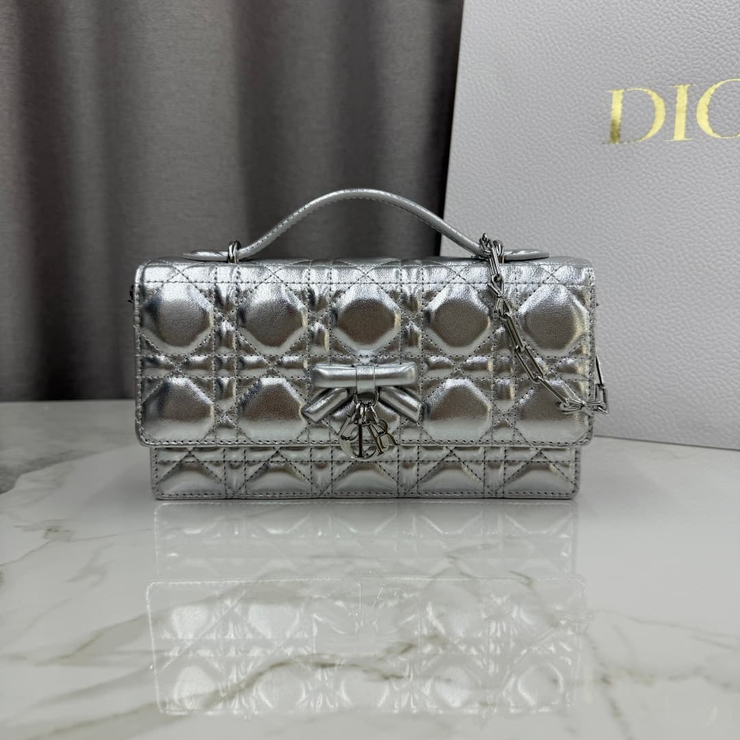My Dior Mini Bag Metallic Pale Silver Cannage Lambskin With Leather Bow High