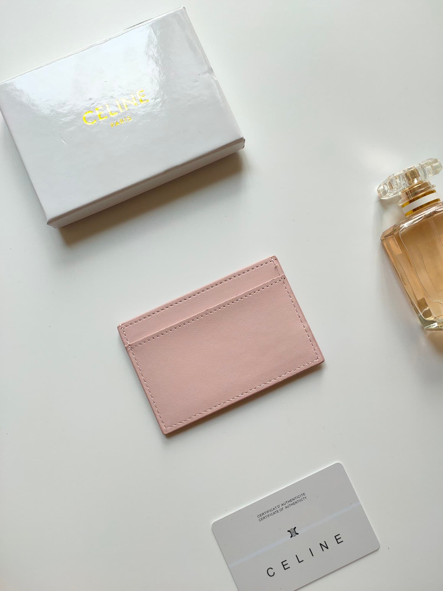 Celine Triomphe card holder in pink shiny calfskin leather 10B703 High