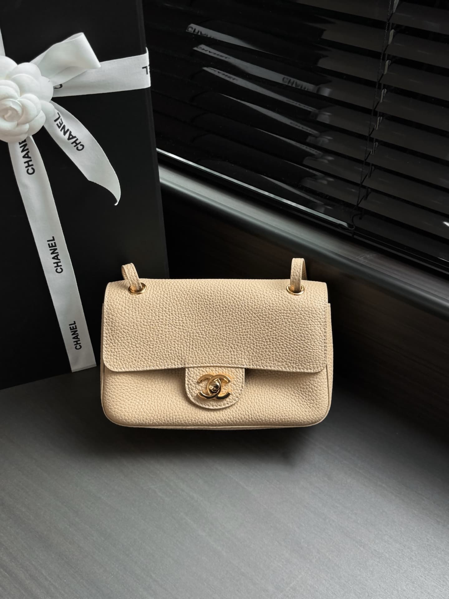 CHANEL Mini flap bag Grained Calfskin&Gold-tone metal Beige AS6573 A
