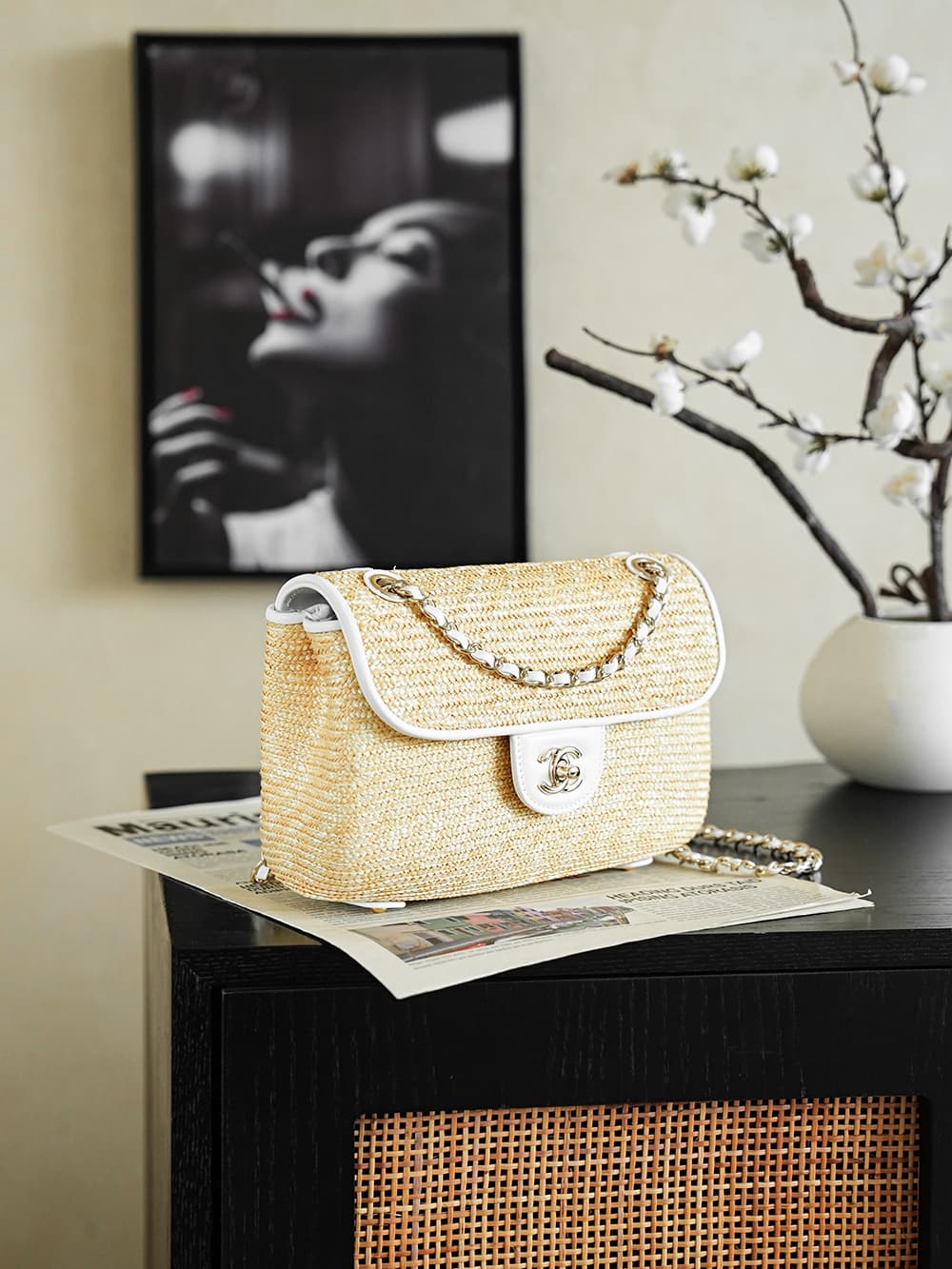 Chanel Coco Beach Small Flap Bag Braided Straw Lambskin & Gold-tone Metal AS6017 A