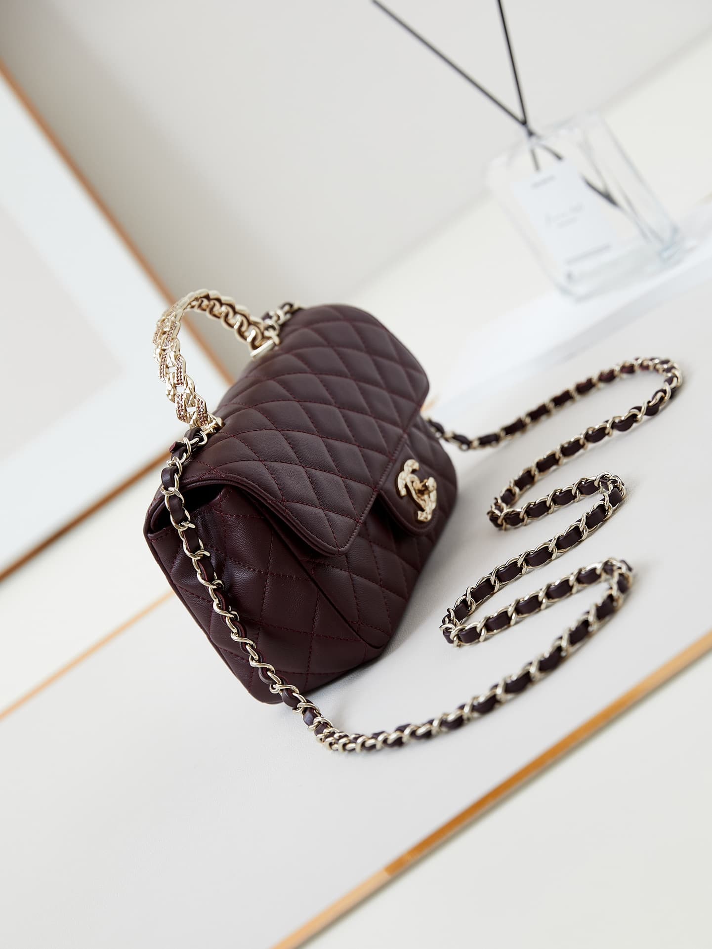Chanel Mini Flap Bag with Top Handle Lambskin& Gold-Tone Metal Dark Burgundy AS4924 A