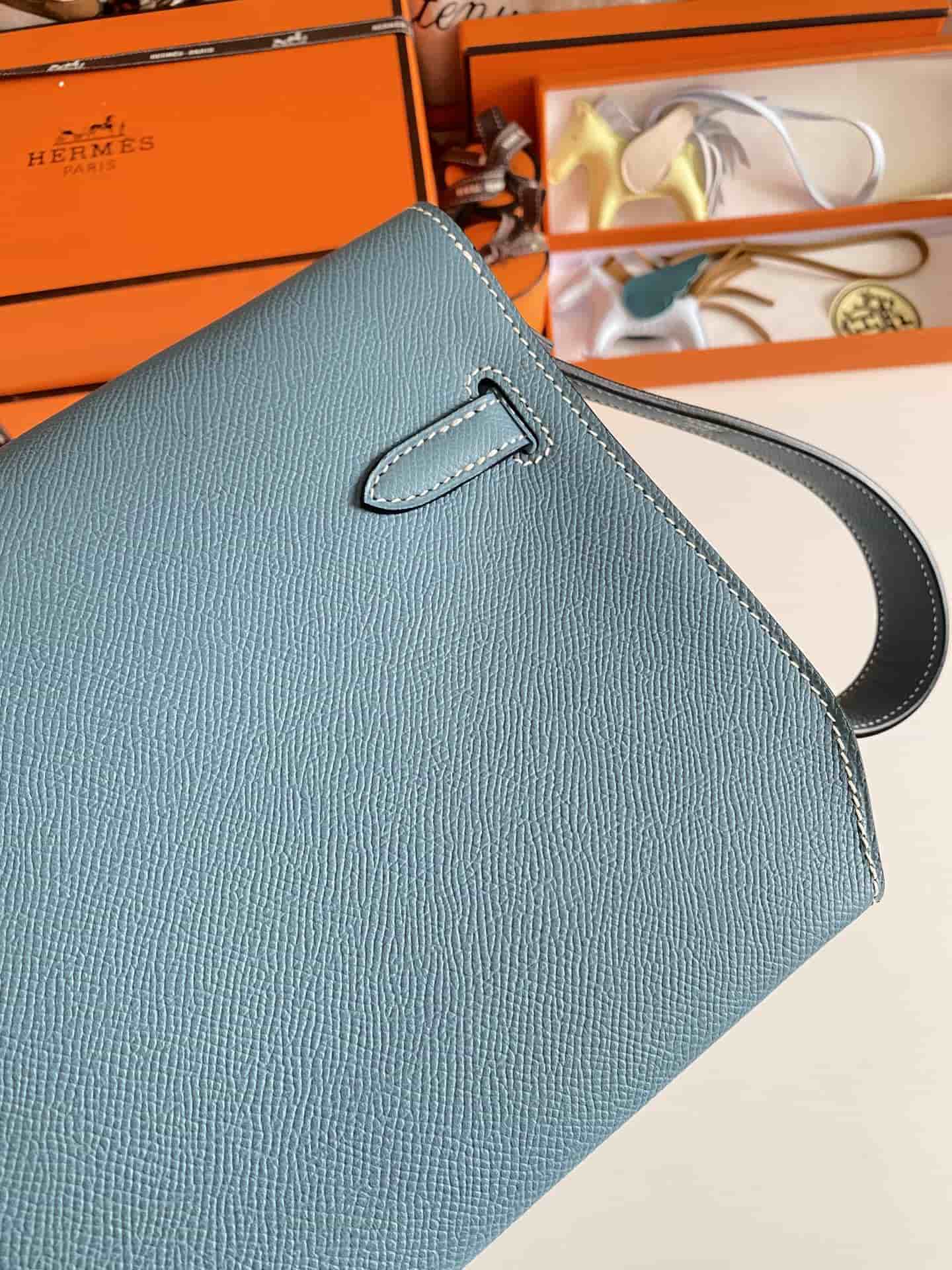 Hermes Kelly Depeches 25 Pouch Epsom Leather Denim Fonce WAX High