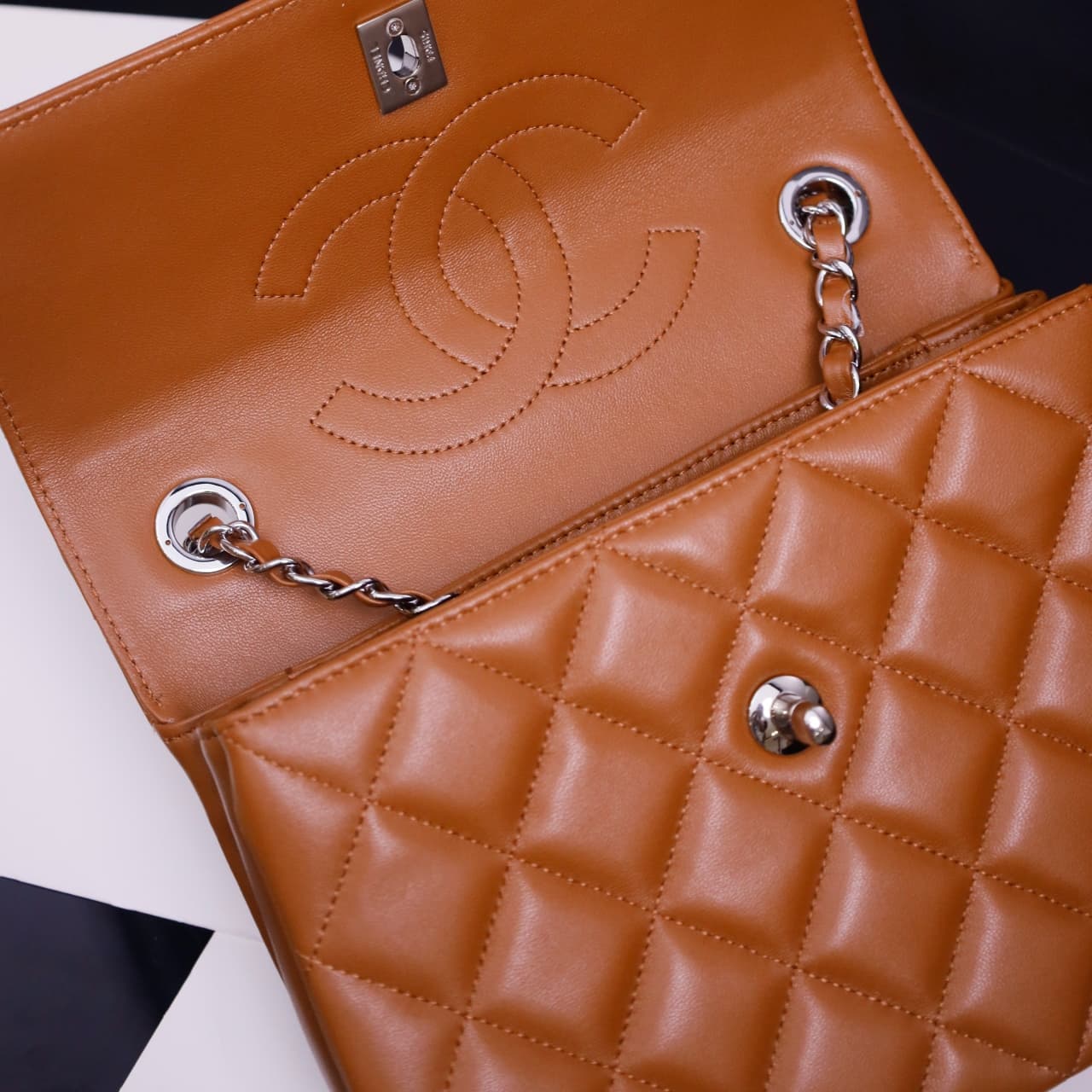 SMALL FLAP BAG WITH TOP HANDLE Lambskin Silver Metal Tan A