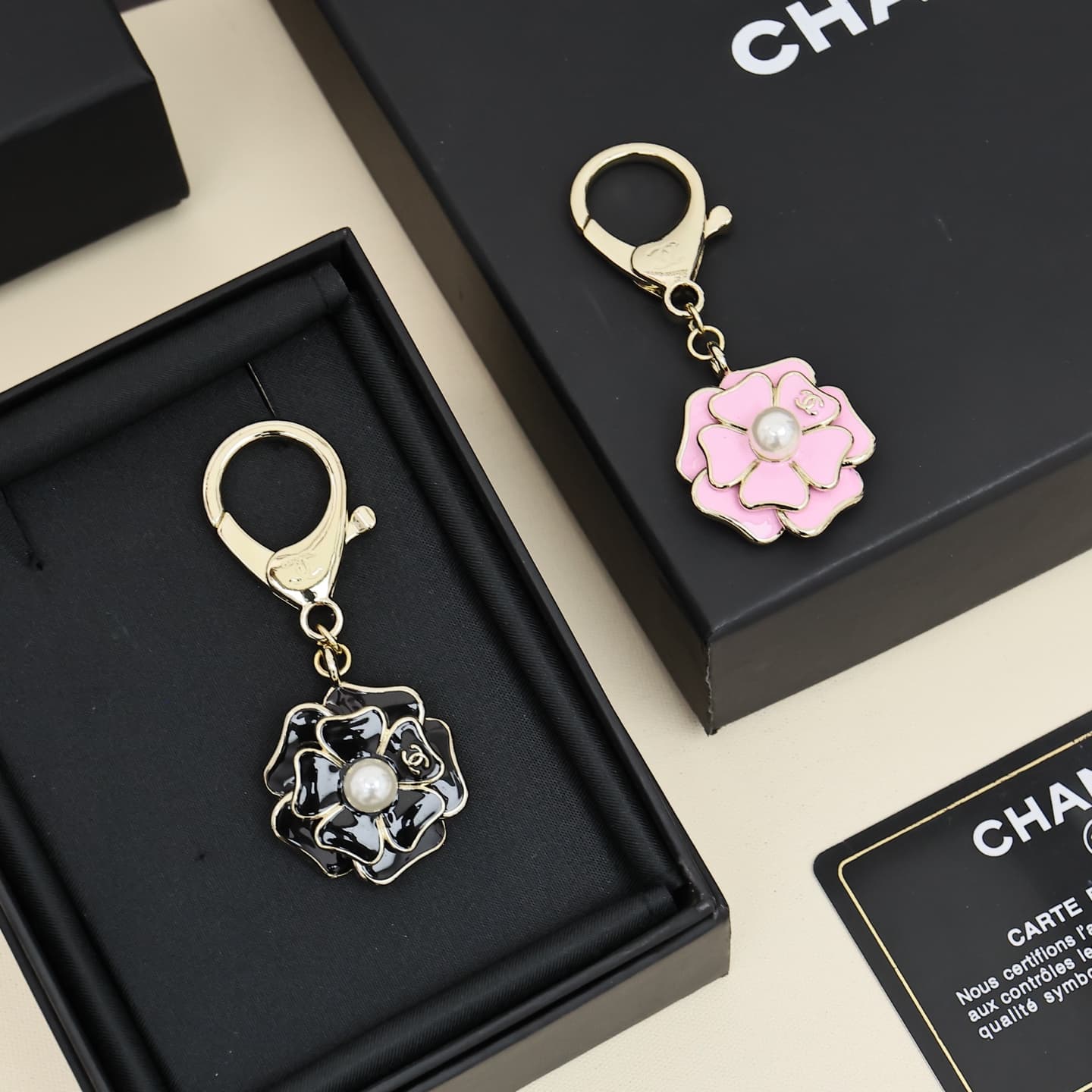 Chanel Enamel Camellia Pearl Keychain