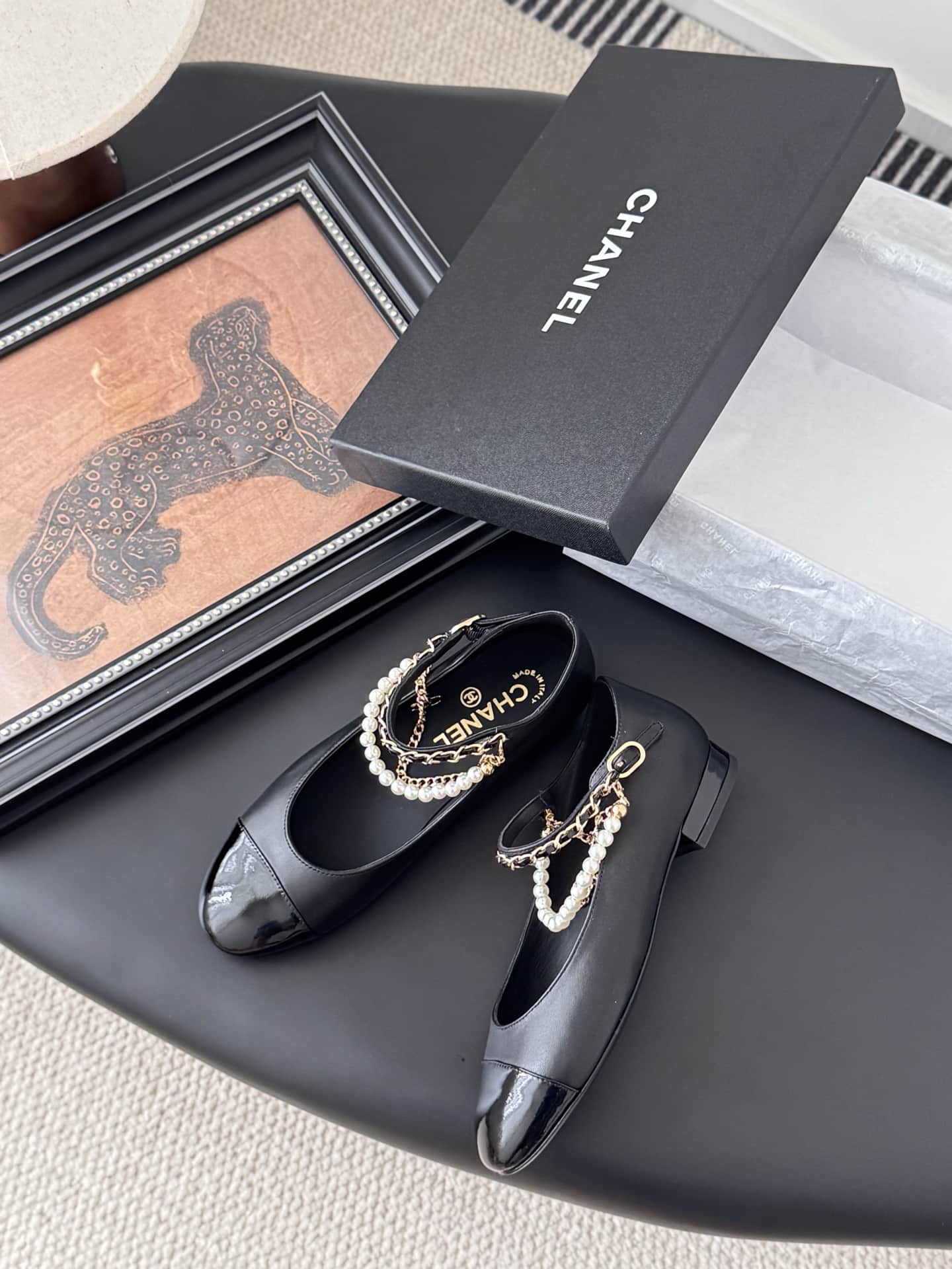 Chanel Lambskin Cap Toe Ankle Chain Ballerina Flats Shoes Women