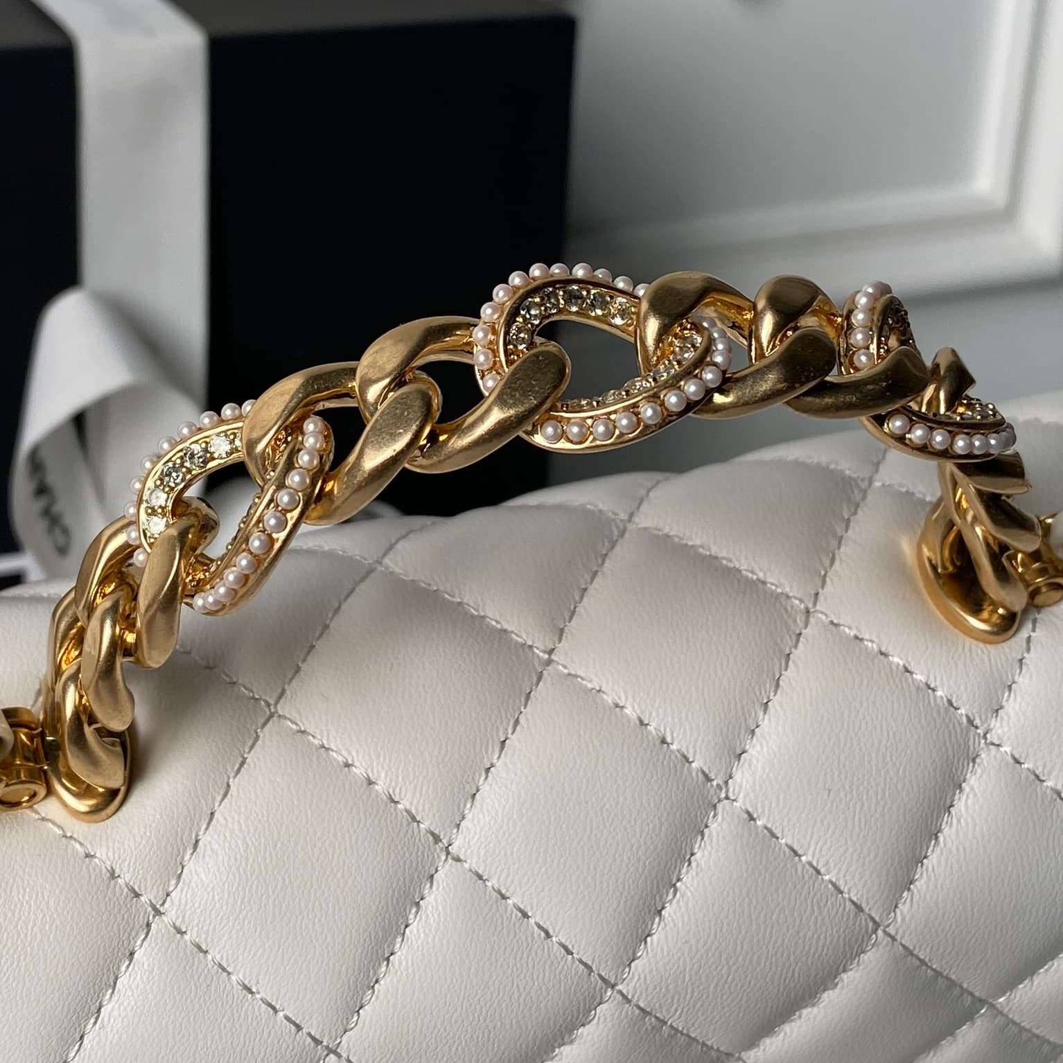 Chanel Small Flap Bag with Top Handle Lambskin& Gold-tone Metal White AS5814 A