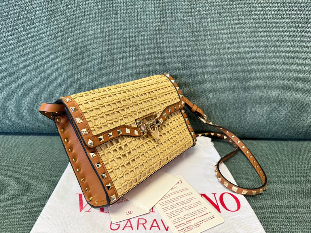 Valentino Garavani Small Rockstud Raffia Shoulder Bag Beige High