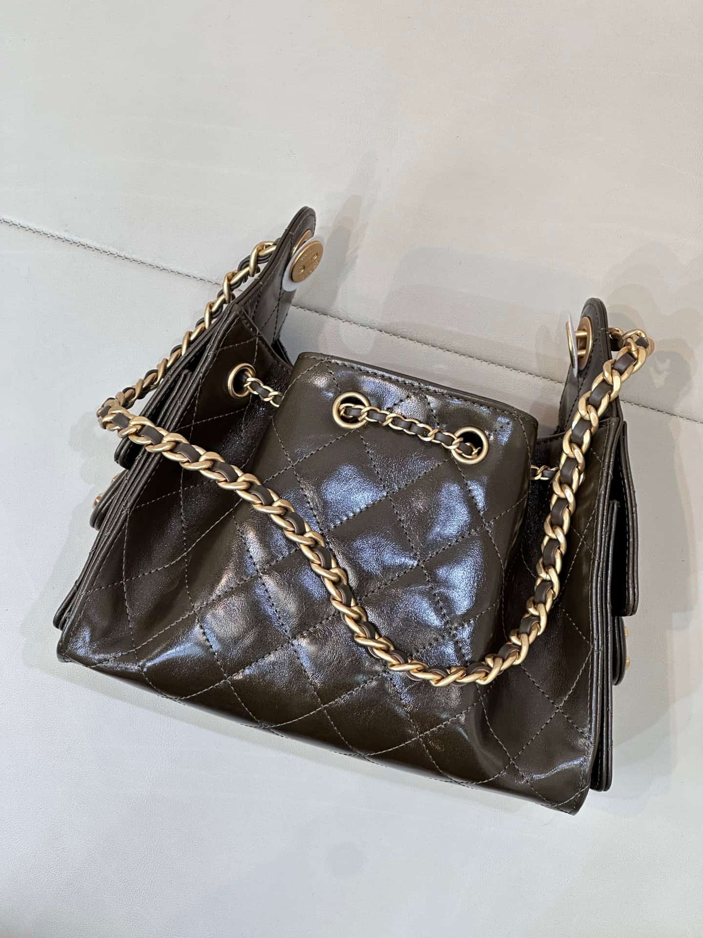 CHANEL 25 Mini Handbag AS5631 Shiny Calfskin & Gold-tone Metal Dark Brown TOP