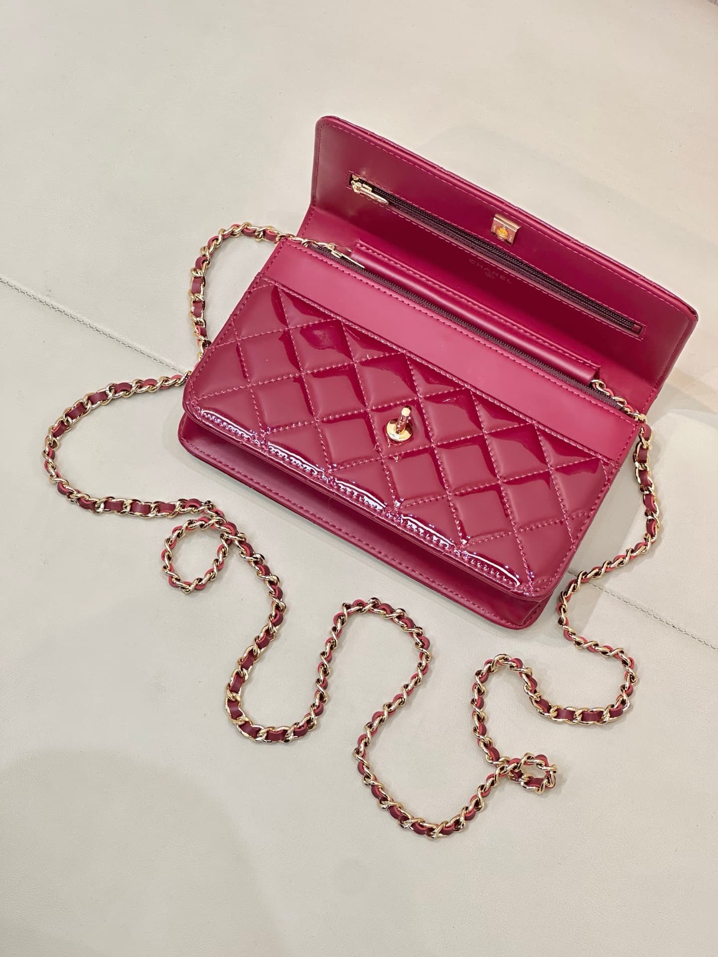 Chanel Classic Wallet on Chain Patent Quilted & Gold-Tone Metal AP4241 Burgundy TOP