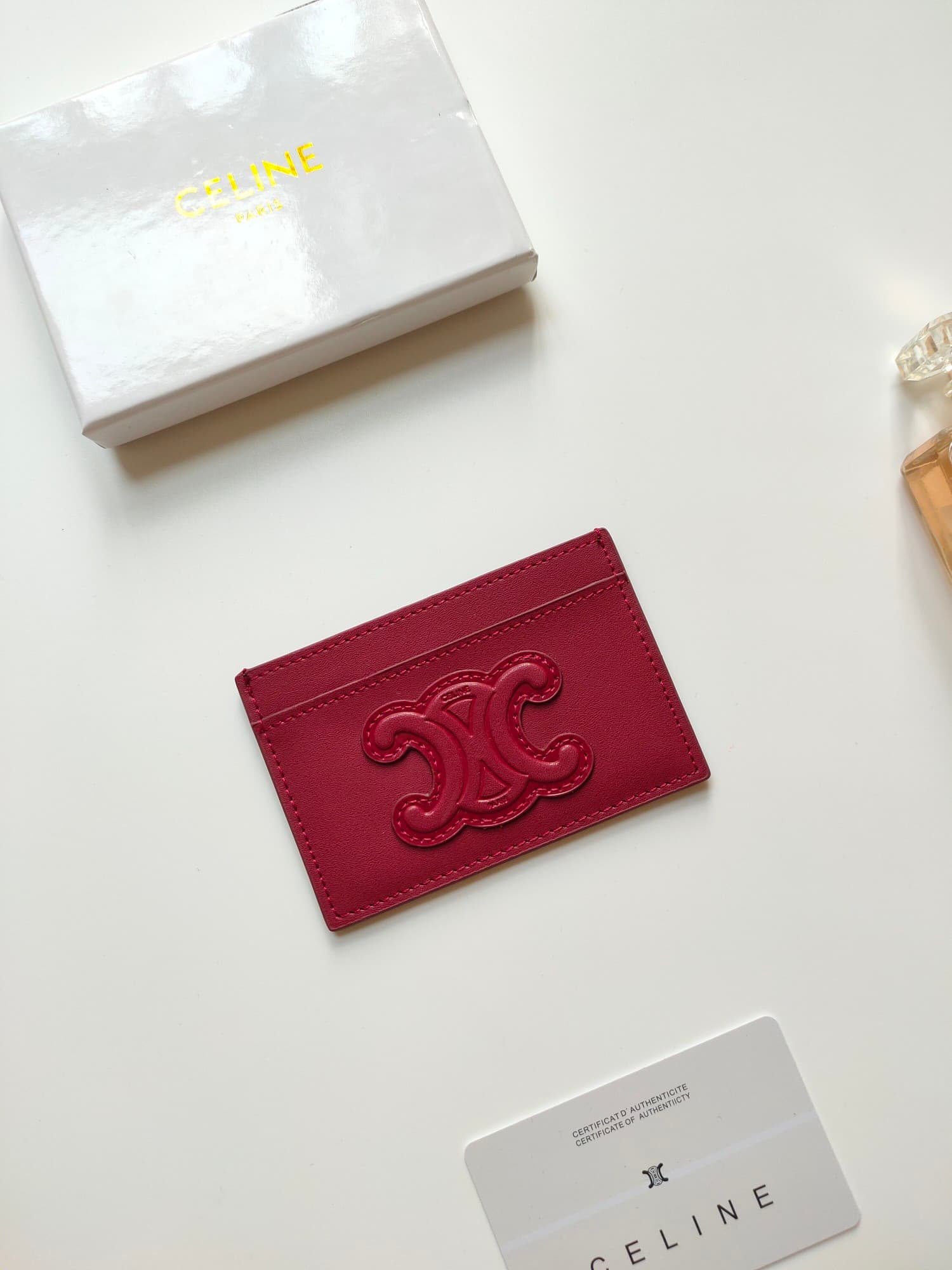 Celine Triomphe card holder in red shiny calfskin leather 10B703 High