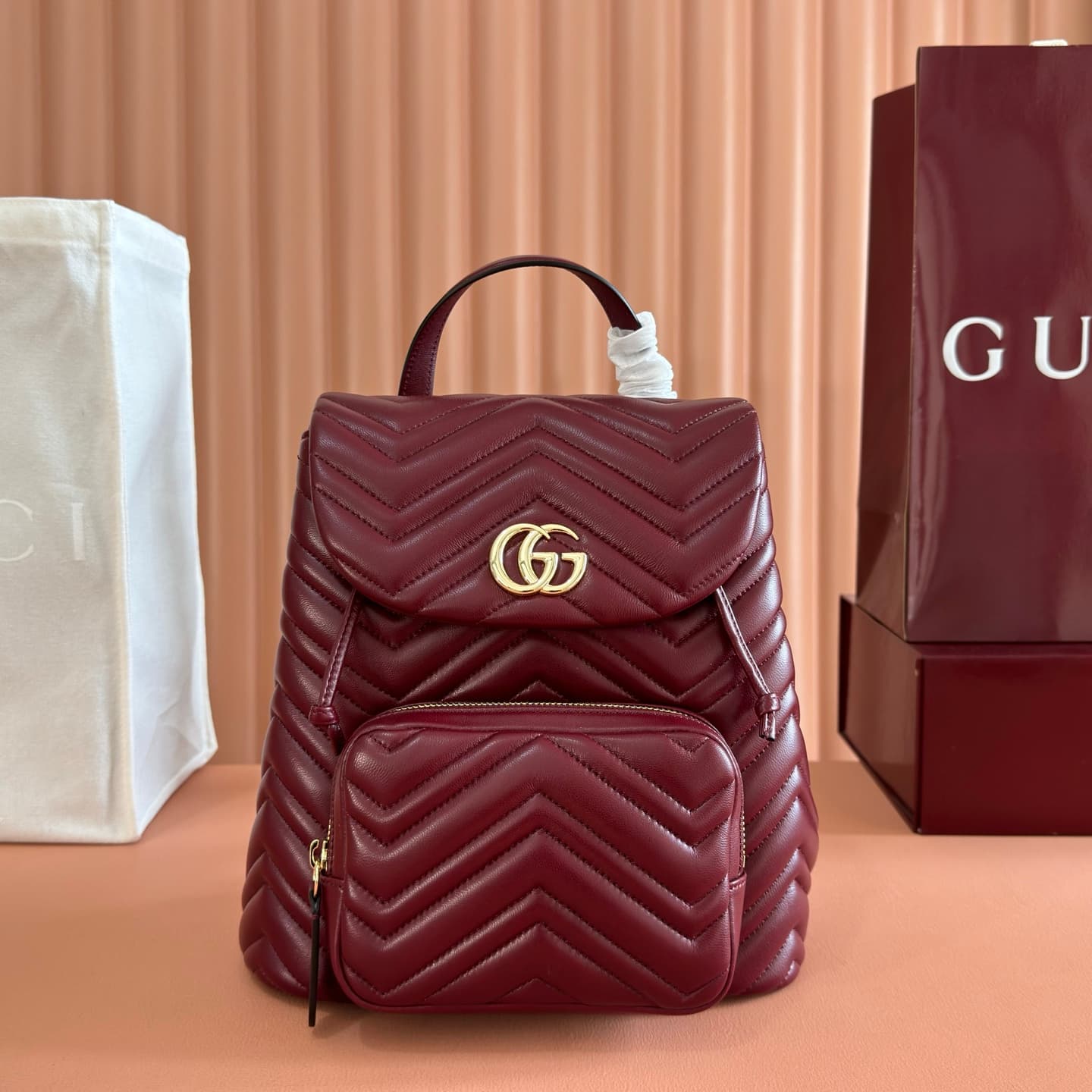 Gucci GG Marmont Small Backpack Rosso Ancora red Matelassé Chevron Nappa Leather 861878  High