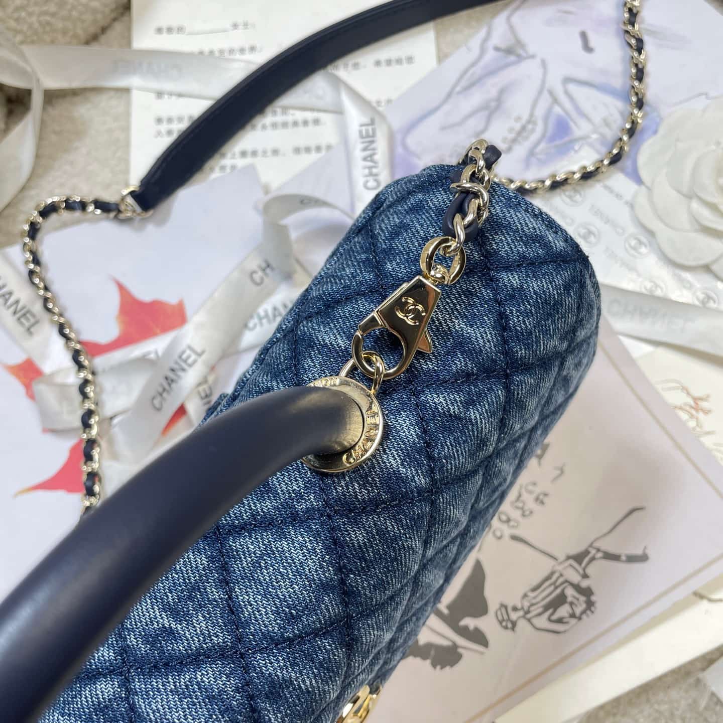 Chanel Maxi Flap Bag with Top Handle Washed Denim& Gold-Tone Metal AS6091 Blue A