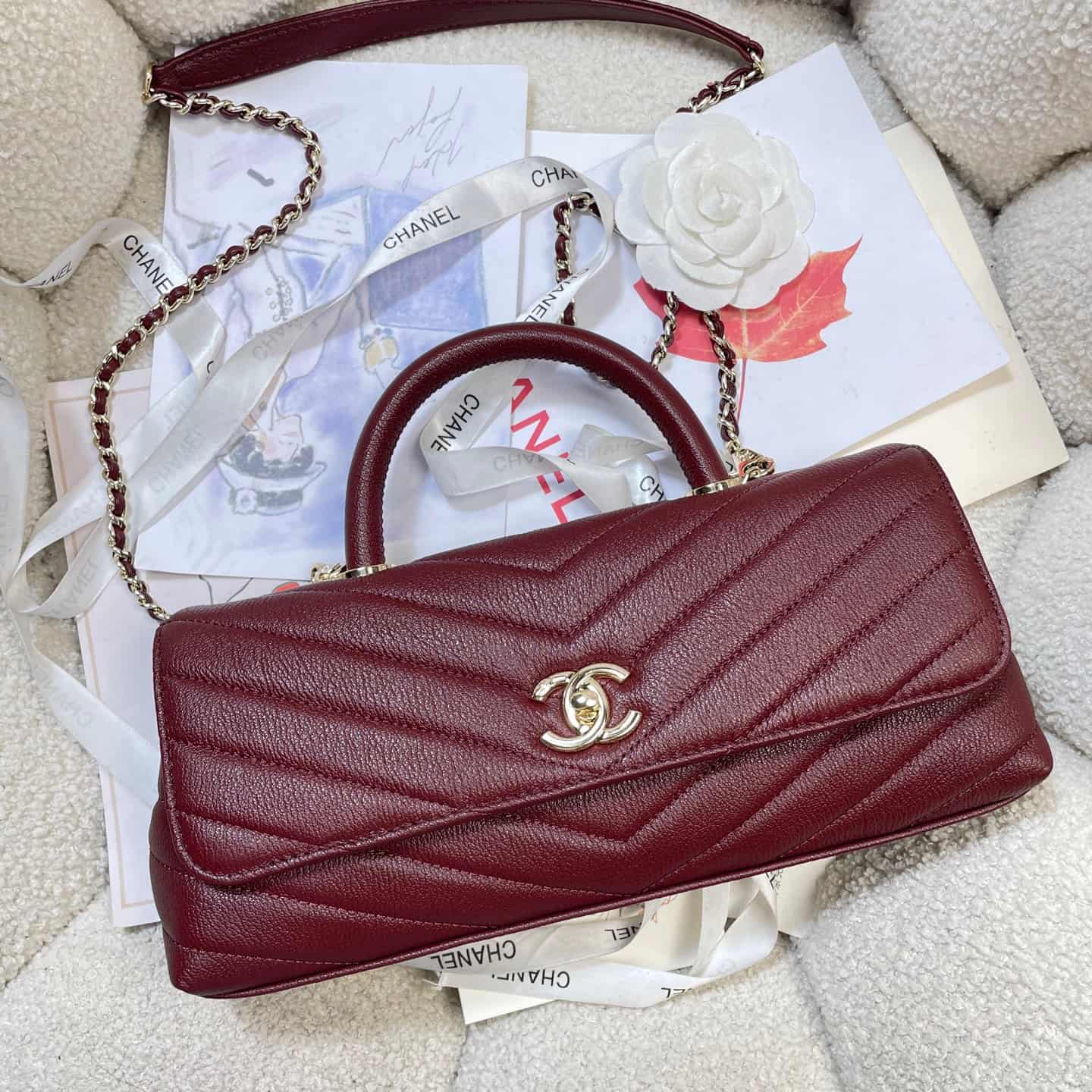 Chanel Maxi Flap Bag with Top Handle Calfskin& Gold-Tone Metal AS6091 Claret A
