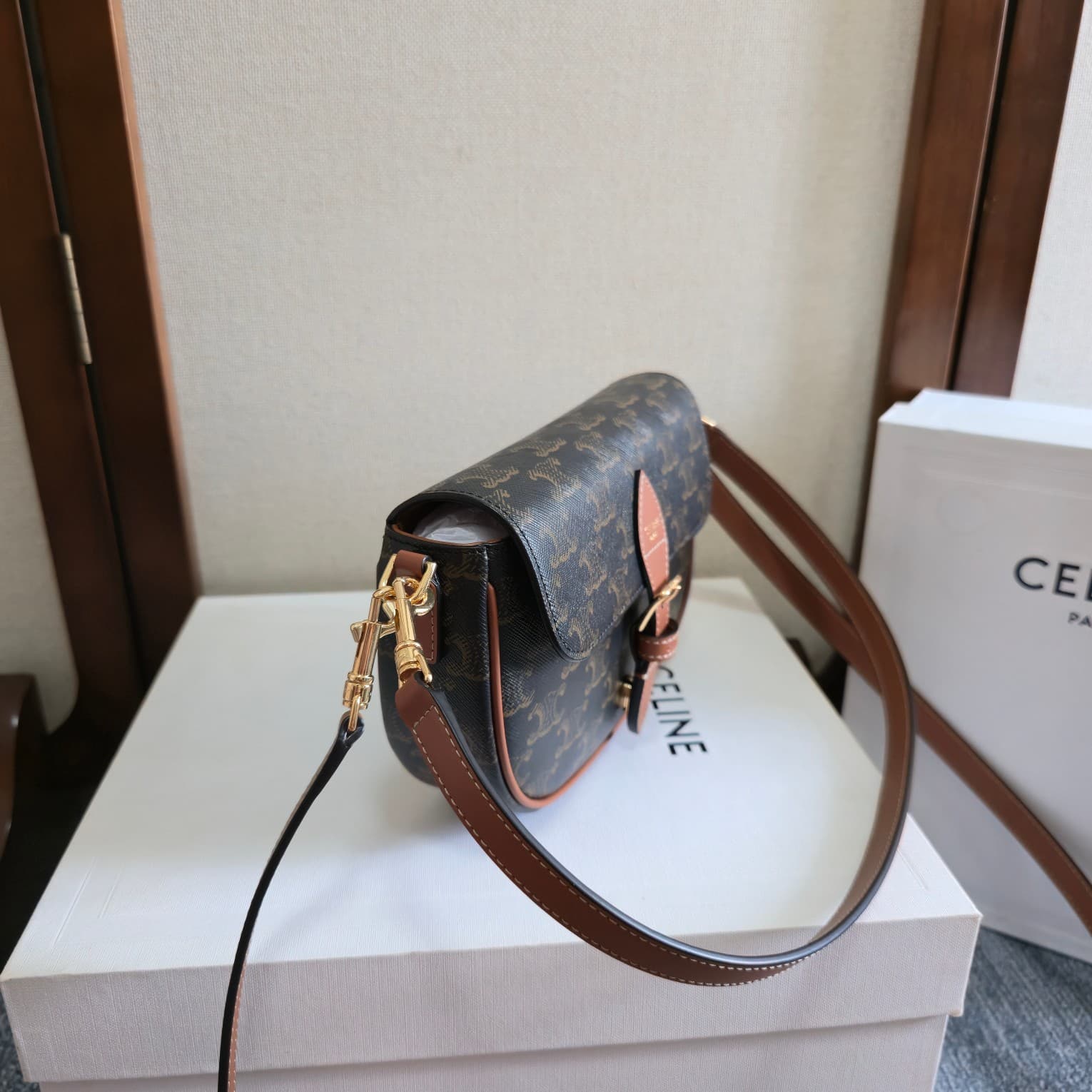 Celine Folco Shoulder Bag in Triomphe Canvas and Calfskin High