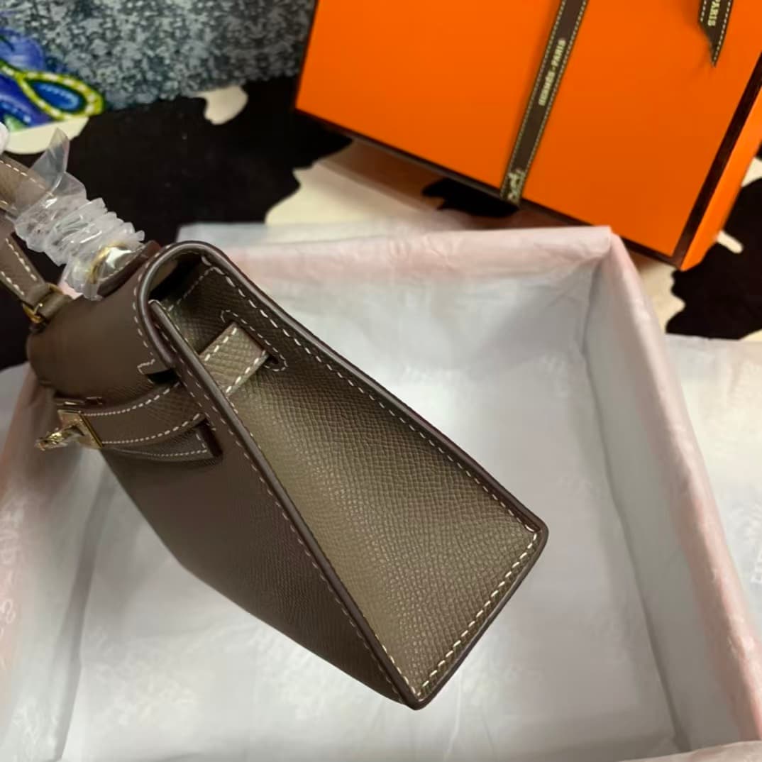 Hermes Kelly Mini II Bag Epsom Leather WAX Silver/Gold Metal Etoupe High