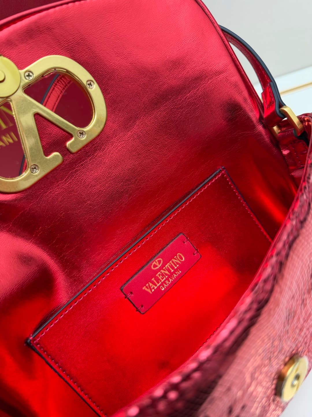 Valentino Garavani Devain Small Nappa Sequins Shoulder Bag Red High