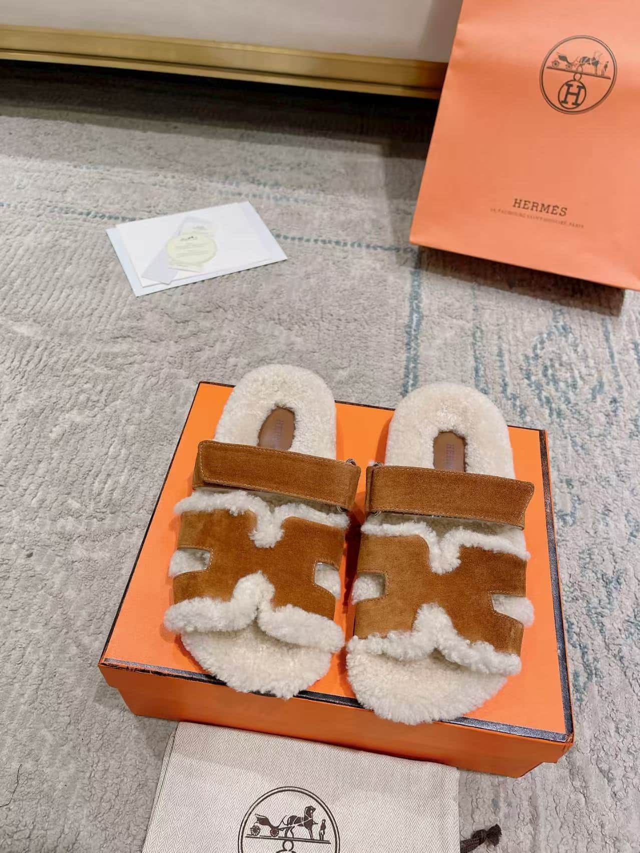 Hermes Chypre Sandals in Shearling and Suede Unisex