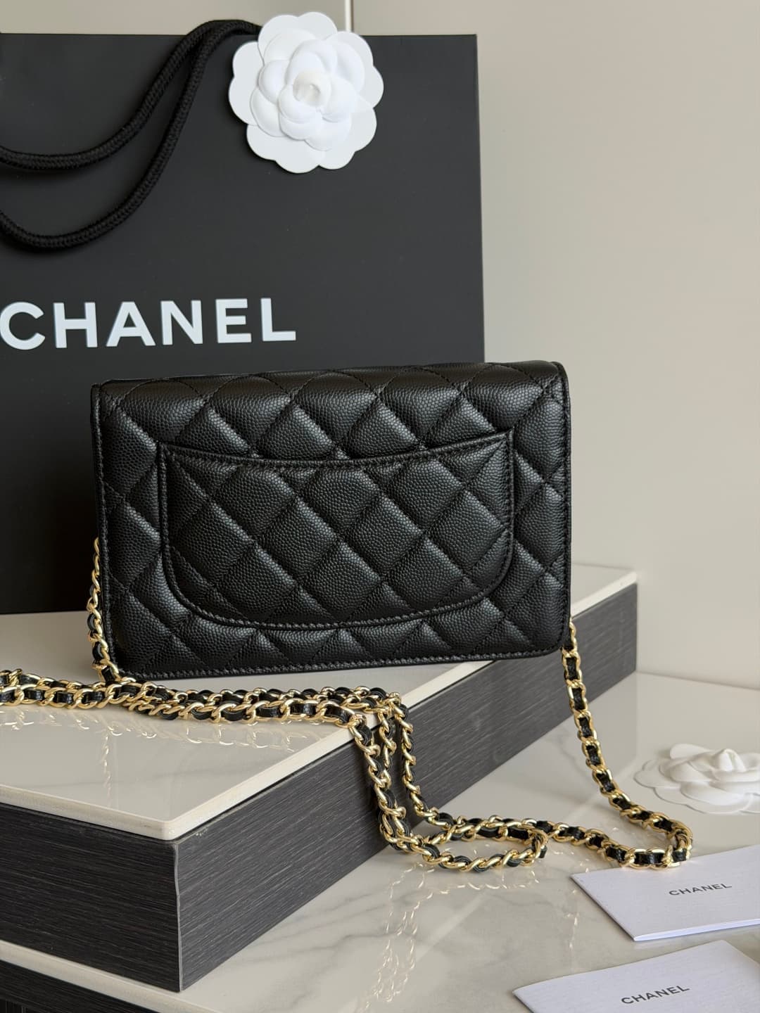 Chanel Wallet on Chain Shiny Grained Calfskin Strass & Gold-Tone Metal Black AP5073 High